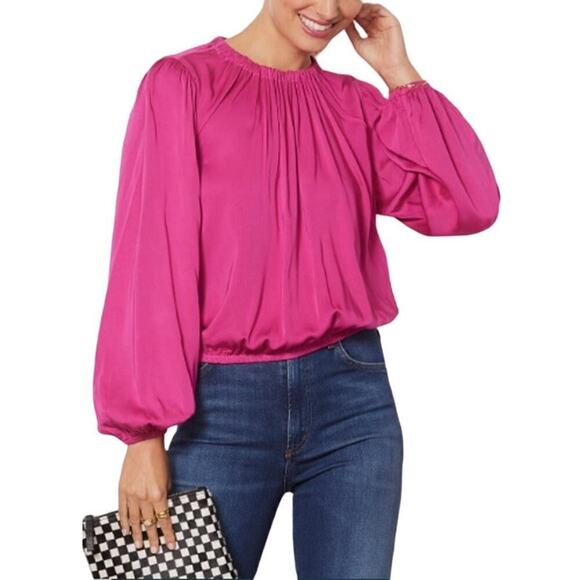 NWT Evereve Cloth & Stone Luxe Satin Banded Blouse Berryfizz Pink Womens Size XS - Picture 1 of 11